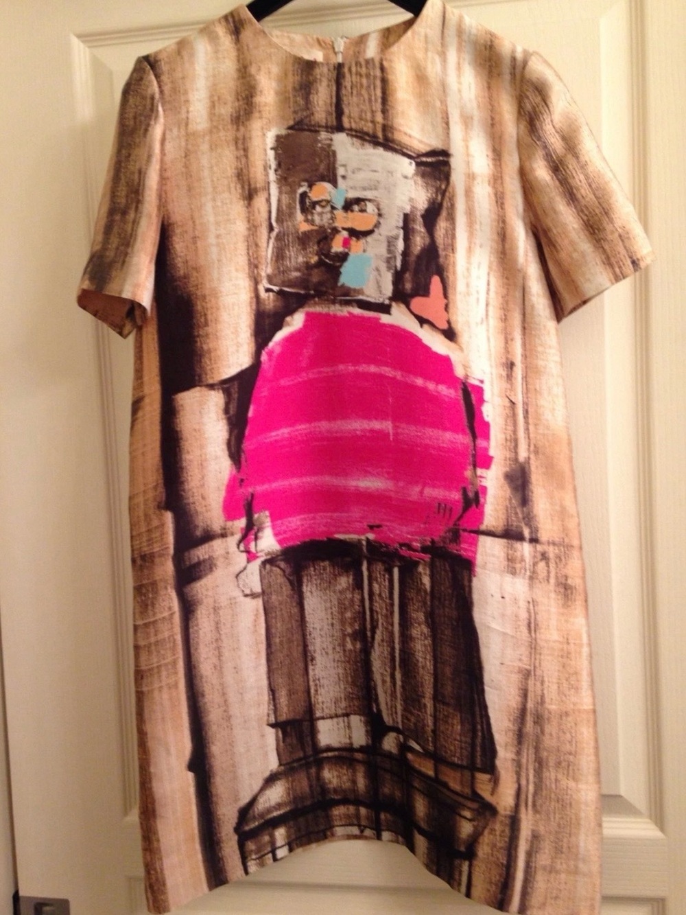 Marni Beige, Brown & Hot Pink Printed Short Sleeve Midi Dress